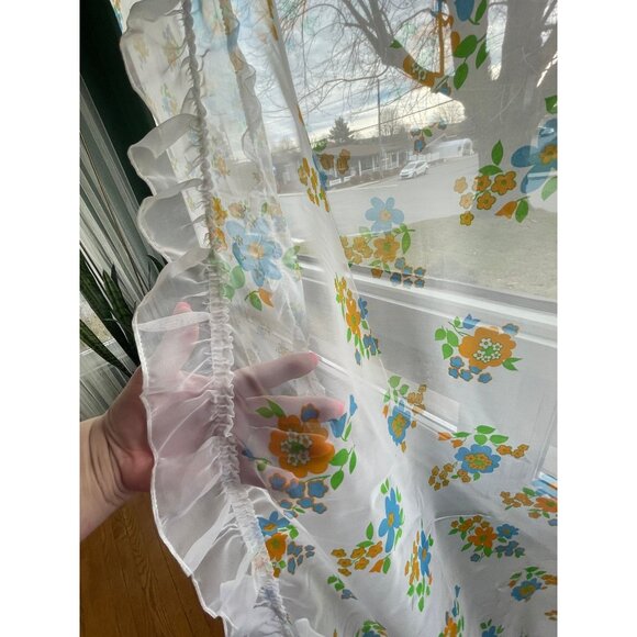 Vintage 80s curtains, white, orange, blue, green floral ruffled, pair of panels - Picture 4 of 9